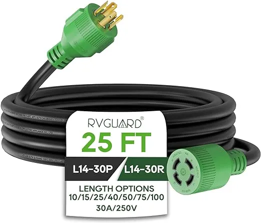 RVGUARD 4 Prong 30 Amp 25 Foot Generator Extension Cord, NEMA L14-30P/L14-30R, 125/250V Up to 7500W 10 Gauge SJTW Generator Cord with Cord Organizer, ETL ListedRVGUARD 4 Prong 30 Amp 25 Foot Generator Extension C…