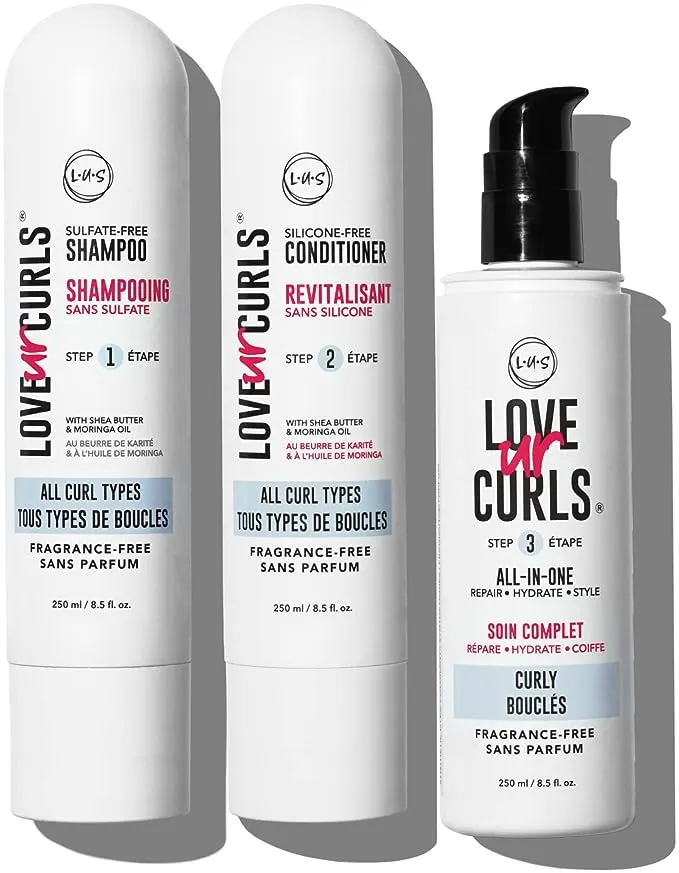 LUS (Love Ur Self) Fragrance-Free 3-Step System Shampoo and Conditioner Set with All-in-One Styler for Curly Hair Nongreasy & Moisturizing - 8.5oz each