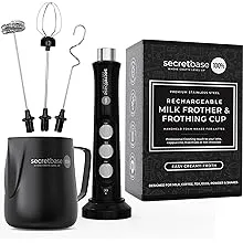 Secretbase Rechargeable Frother Mixer, Black Pitcher and Charging Base - 3 Speed Electric Milk Frother Handheld - Includes Cup, Frother for Coffee, Tiny Egg Beater, Electric Stirrer(Black Edition)