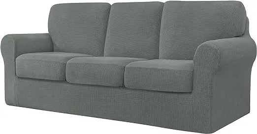 CHUN YI 7 Piece Stretch Sofa Covers for 3 Cushion Couch Covers, 3 Seater Couch Slipcover with 3 Separate Backrests and Cushions with Elastic Band, Checks Spandex Jacquard Fabric(Large,Dove Gray)