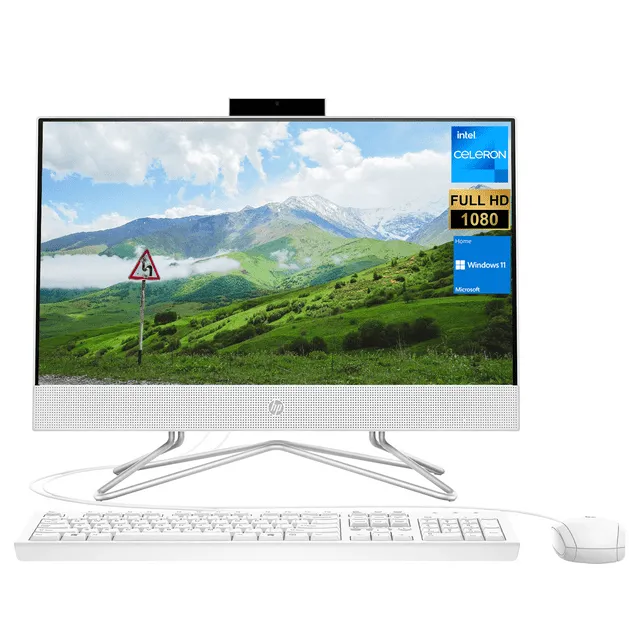 HP All-in-One Desktop  21.5  FHD Screen  Intel Celeron J4025  4GB RAM  256GB SSD  Webcam  HDMI  Media Card Reader  Wi-Fi  Wired KB & Mouse  Windows 11 Home