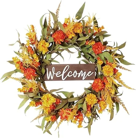 LLZLL Artificial Autumn Wreath 20” Orange Fall Flower Wreath with Leaf and Ear of Wheat Harvest Wreath Thanksgiving Farmhouse Fall Wreaths for Front Door