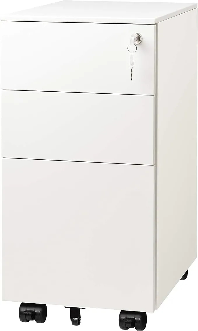 DEVAISE 3 Drawer Vertical File Cabinet, Mobile Filing Cabinet with Slim Width for Home Office, White