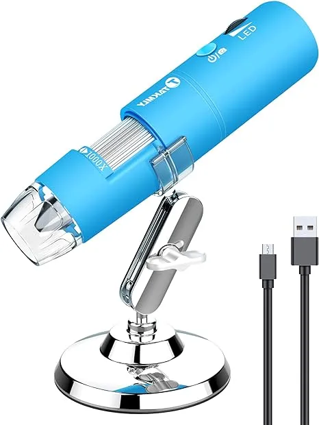 Wireless Digital Microscope Handheld USB HD Inspection Camera 50x-1000x Magnification with Stand Compatible with iPhone, iPad, Samsung Galaxy, Android, Mac, Windows Computer (Blue)