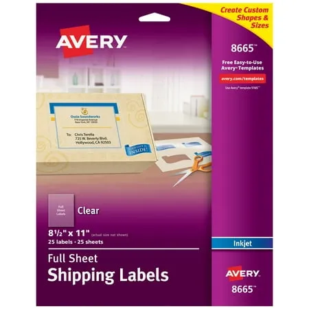 Avery Matte Frosted Clear Full Sheet Labels for Inkjet Printers, 8.5" x 11", 25 Labels (8665)