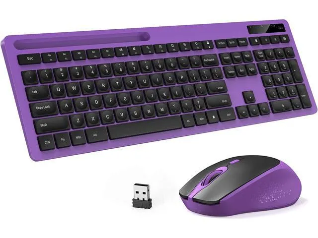 2.4GHz Silent USB Wireless Keyboard and Mouse Combo - Full-Size Keyboard with Phone Holder and Mouse for Computer, Desktop and Laptop (Purple)