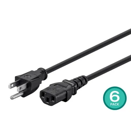 Monoprice 3-Prong Power Cord - 6 Feet - Black (6-Pack) NEMA 5-15P to IEC 60320 C13 16AWG 13A Works With Most Pcs Monitors Scanners and Printers