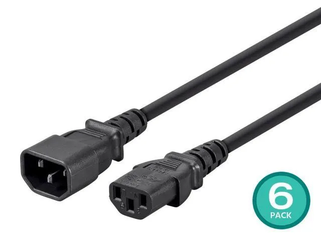 Monoprice 3-Prong Extension Cord - 6 Feet - Black (6-Pack) IEC 60320 C14 to IEC 60320 C13, 18AWG, 10A, SVT, For Powering Computers, Monitors