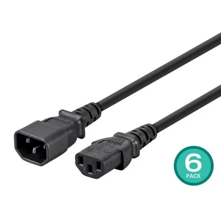 Monoprice 3-Prong Extension Cord - 3 Feet - Black (6-Pack) IEC 60320 C14 to IEC 60320 C13 18AWG 10A SVT For Powering Computers Monitors