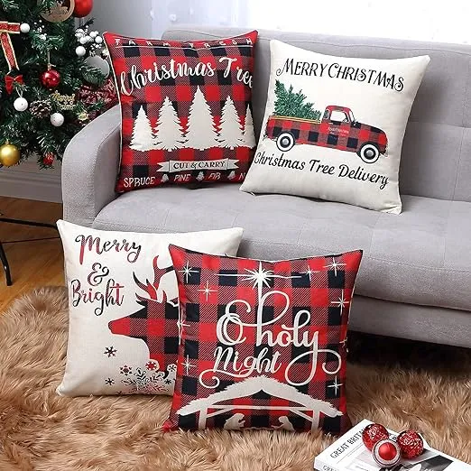 Christmas Decor Pillow Covers 18 X 18 Inches Set Of 4 Black And Red Buffalo Plai