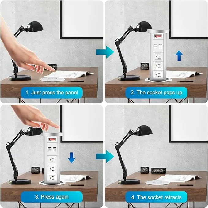 Automatic Pop Up Power Outlet, Popup Wireless Charging Station with 3AC Plugs + 2 USB, Pop up Electrical Outlets for Countertops, Recessed Hidden Outlet for Kitchen Island Conference (Silver White)