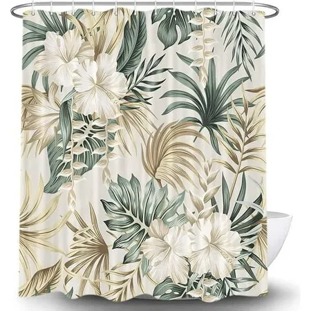 Tropical Plant Flower Shower Curtain for Bathroom, Vintage Sage Green Palm Leaves Beige Fabric Shower Curtains Set, Cute Floral Greenery Botanical Restroom Decor Accessories with Hooks (72X72)