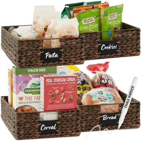 Best Choice Products Set of 4 16x12in Woven Water Hyacinth Pantry Baskets w/ Chalkboard Label, Chalk Marker - Brown