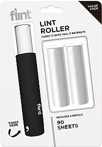 Flint Classic Black Retractable Mini Lint Roller with 90 Extra Sticky Sheets, Small and Portable Lint Roller, Ideal Pet Hair Remover Lint Roller, Travel Lint Roller, and Lint Roller for Clothes