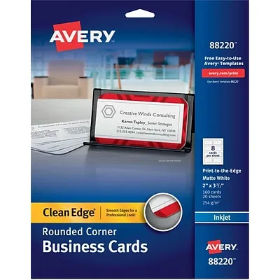 Avery Round Corner Print-to-the-E<wbr/>dge Business Cards 2 x 3 1/2 White 160/PK 88220