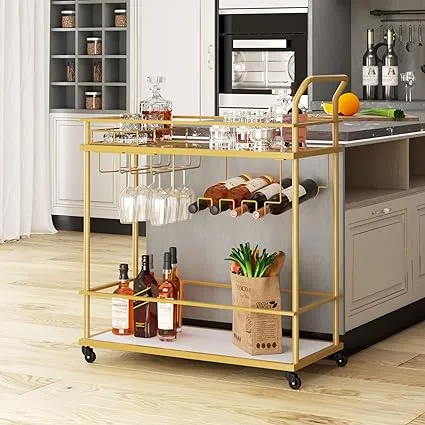 Wine Cart with 2 Mirrored Shelves Black / 15"D x 26"W x 35.4"H