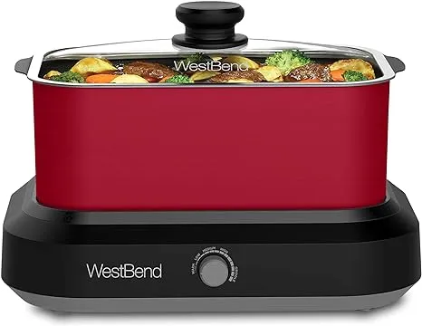 West Bend 87905R Slow Cooker Large Capacity Non-stick Vessel with Variable Temperature Control Includes Travel Lid and Thermal Carrying Case, 5-Quart, Red