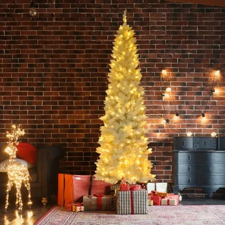 6.5Ft Pre-lit Christmas Tree with 250 LED Light & 719 Tips Segmart Pencil Halloween Christmas Trees w/Solid Metal Legs Holiday Decorations for Indoor Outdoor White SS1487