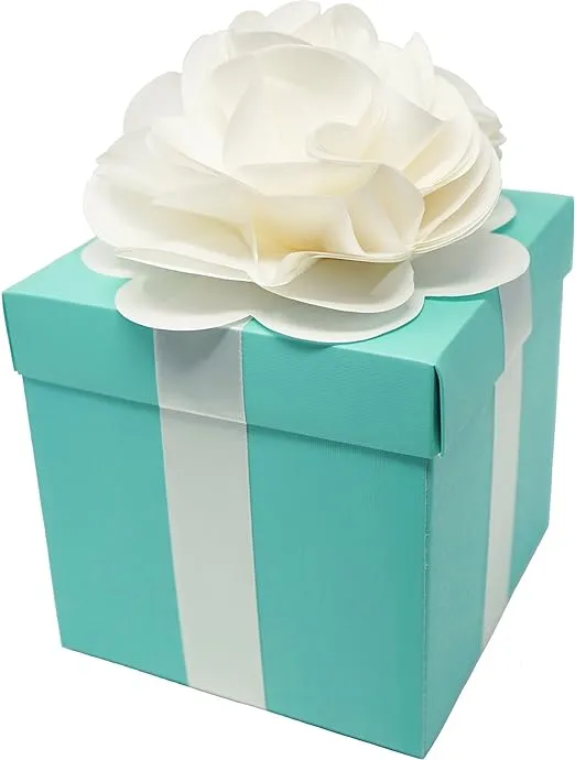 Robin Egg Aqua Blue Wedding Centerpiece Favor Box with Lid & Self Adhesive Satin Ribbons & Ivory Tissue Paper Flower Bow (1 Count)