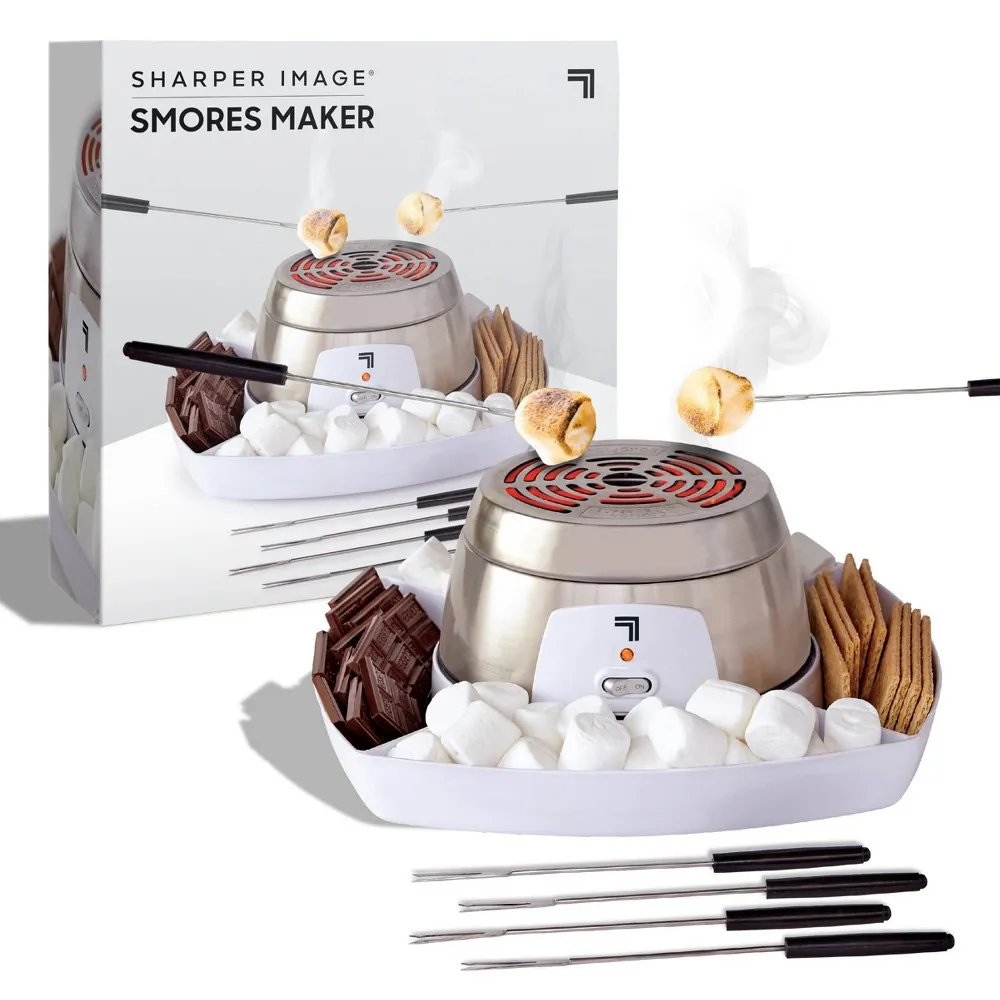 SHARPER IMAGE Electric Tabletop S'mores Maker for Indoors, 6-Piece Set, Includes 4 Skewers & 4 Serving Compartments, Easy Cleaning & Storage, Tabletop Marshmallow Roaster, Family Fun For Kids Adults