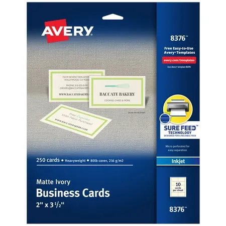 Avery Printable Microperforated Business Cards w/Sure Feed Technology, Inkjet, 2 x 3.5, Ivory, 250 Cards, 10/Sheet, 25 Sheets/Pack