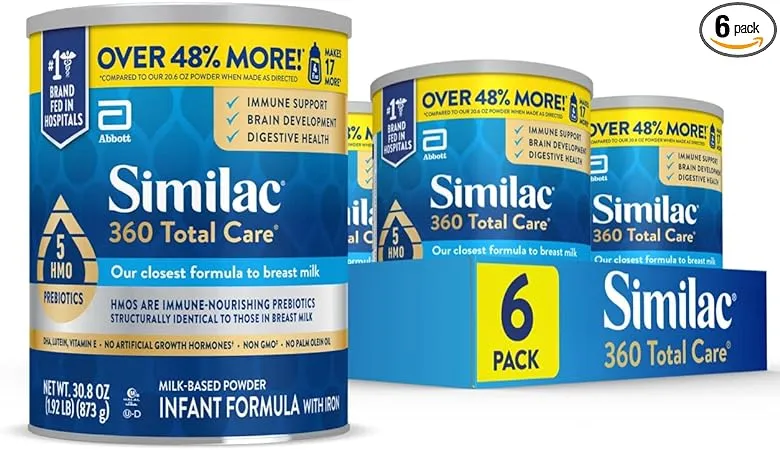 Similac 360 Total Care Infant Formula, with 5 HMO Prebiotics, Our Closest Formula to Breast Milk, Non-GMO, Baby Formula Powder, 30.8-oz Can (Case of 6)