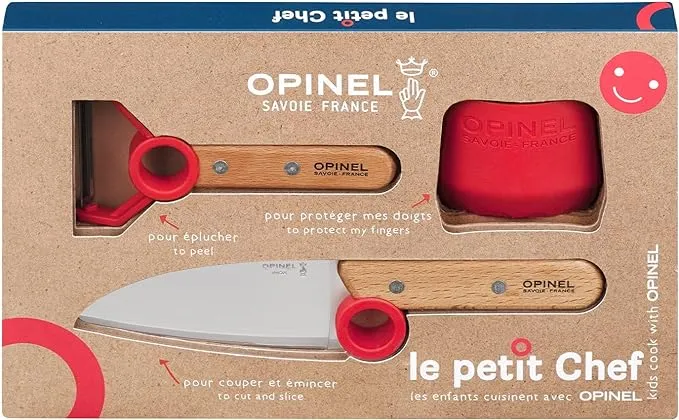 Opinel Le Petit Chef Complete 3 Piece Kitchen Set, Chef Knife with Rounded Tip, Fingers Guard, Peeler, For Children and Teaching Food Prep and Kitchen Safety, Made in France