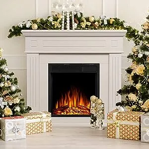 44" Electric Fireplace with Mantel Package Freestanding Fireplace Heater Corner Firebox with Log & Remote Control,750-1500W,Pearl White