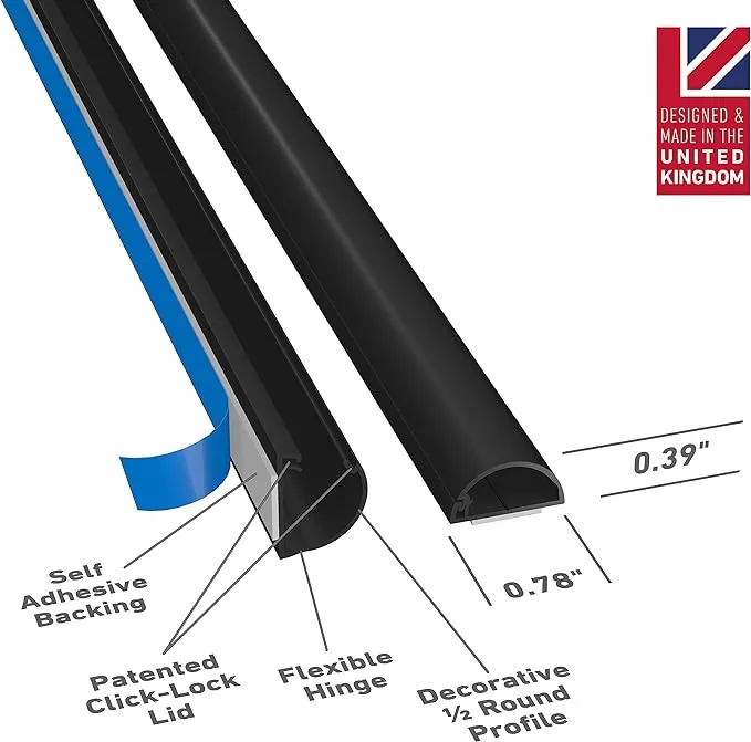 D-Line 13.12ft Cord Hider Kit, Patented Cable Cover, Hide Wires on Wall, Channel for TV Mount Cords, Raceway Wire Hiders, Paintable, Adhesive, Half Round, 4X 0.78in W x 0.39in H x 39in Lengths, Black