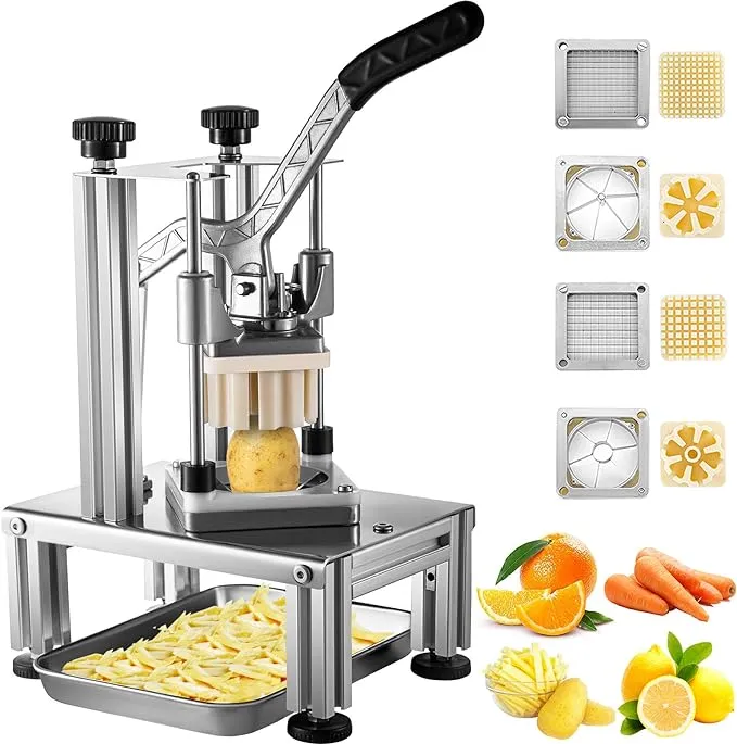 VEVOR Commercial French Fry Cutter with 4 Replacement Blades, 1/4" and 3/8" Blade Easy Dicer Chopper, 6-wedge Slicer and 6-wedge Apple Corer, Lemon Potato Cutter for French Fries with Extended Handle