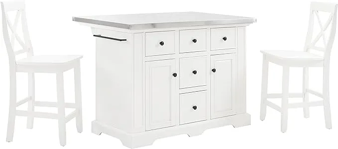 Crosley Furniture Julia Kitchen Island with Stainless Steel Top and X-Back Stools, White/Black