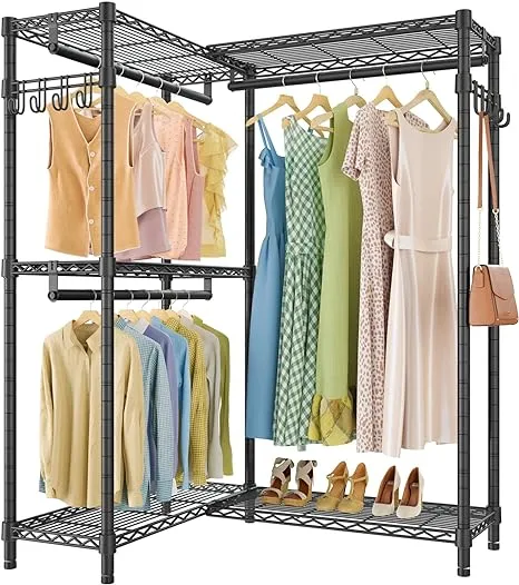 VIPEK L4 Garment Rack L Shaped Clothes Rack for Corner, Freestanding Portable Wardrobe Closet Heavy Duty Clothing Rack with 3 Hanging Rods & 2 Side Hooks, 43.3"Lx29.1"Wx76.4"H, Max Load 750LBS, White