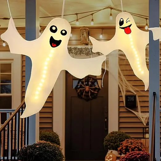 2PCS Geefuun Halloween Ghost Lighted Hanging Decoration Outdoor Decor - Hallowmas Tree Hugger Friendly Spooky Party Supplies (Batteries Not Included)