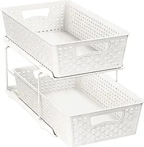 Simple Houseware 2 Tier Bathroom Organizer Tray Pull-Out Sliding Drawer/Under-Sink Storage, White