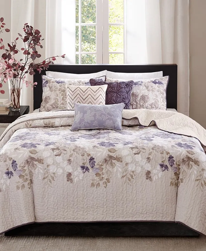 Madison Park Luna Quilt Modern Classic Design All Season, Breathable Coverlet Lightweight Bedding Set, Matching Shams, Decorative Pillow, King/Cal King(104"x94"), Floral Blue 6 Piece