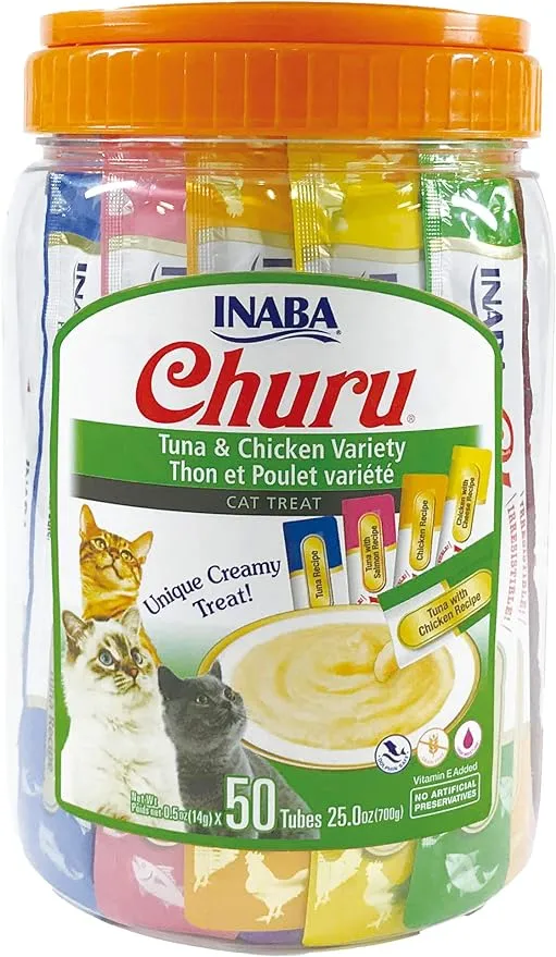 INABA Churu Tuna Lickable Creamy Purée Cat Treats 4 Flavor Variety Pack of 50 Tubes