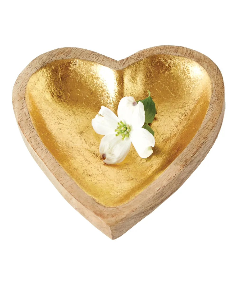 Hello Honey Decorative Trays Gold - Goldtone Leaf & Mango Wood Heart Tray