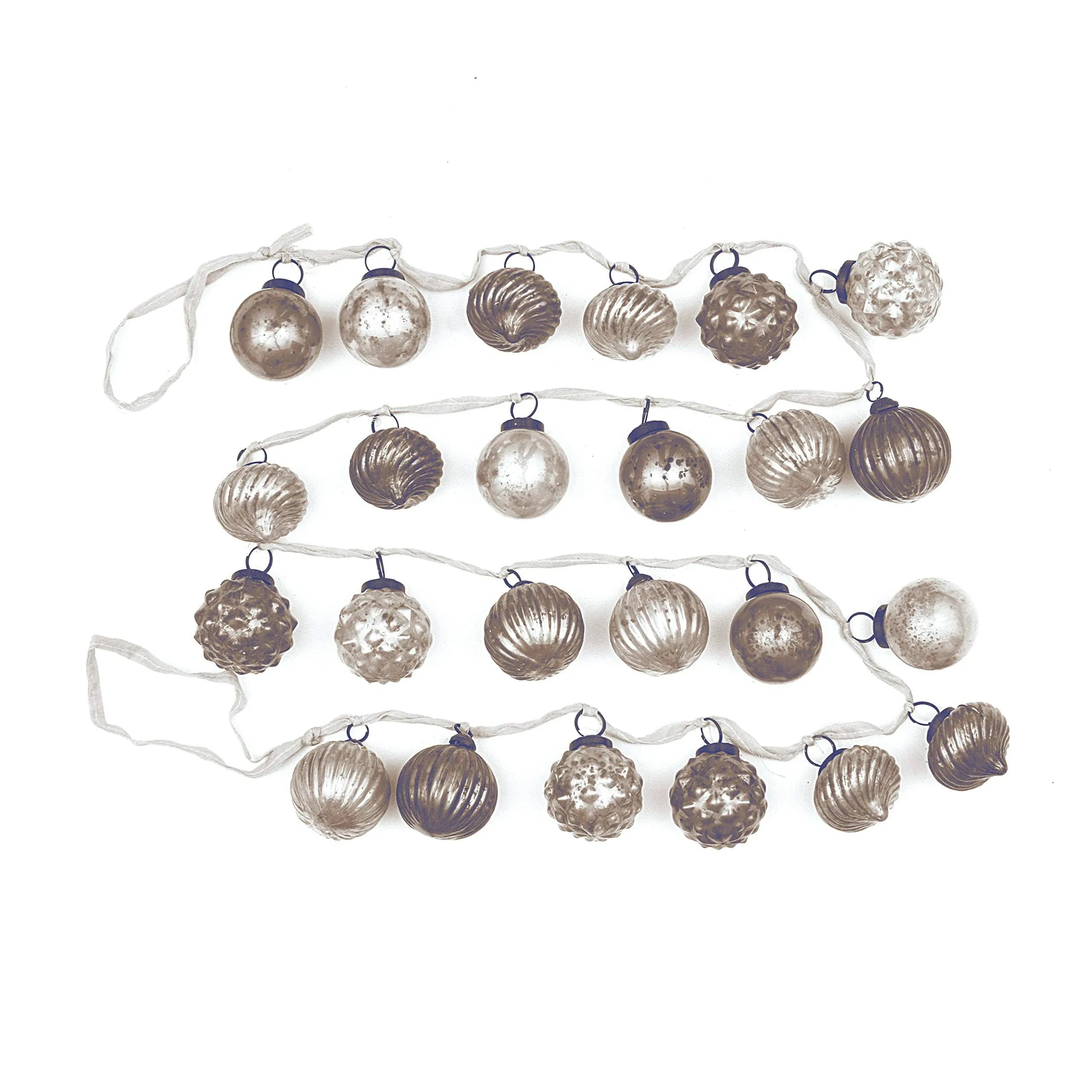 Creative Co-Op Distressed White & Grey Embossed Mercury Glass Ornament Fabric String Garland, Taupe and Cream