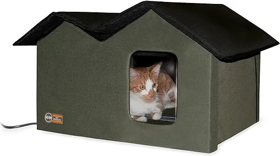 K&H Pet Products Outdoor Heated Cat House Extra-Wide Olive/Black 26.5 X 15.5 X 21.5 Inches