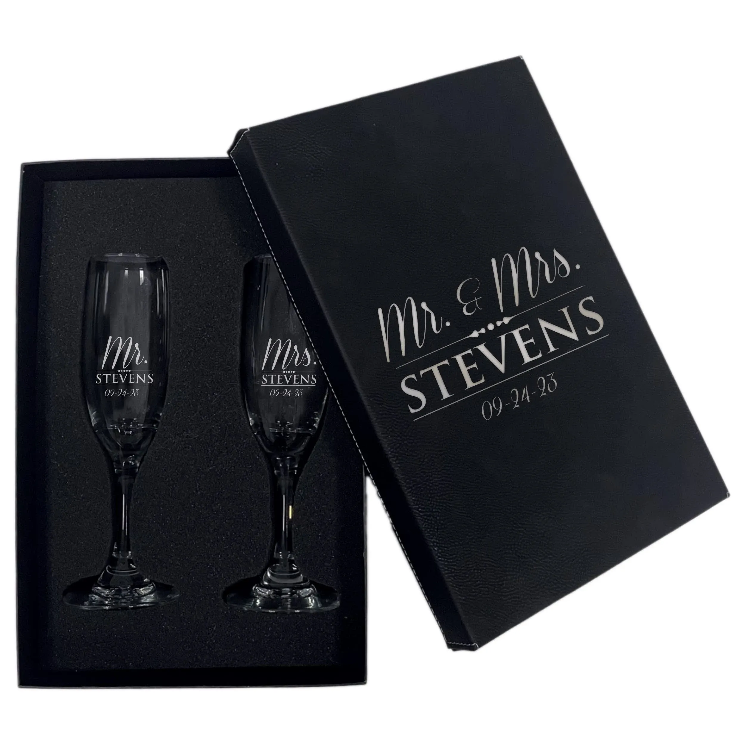 My Personal Memories, Set of 2 Mr and Mrs Personalized Champagne Wedding Toasting Flute Glasses - Engraved, Etched, Monogrammed, Customized