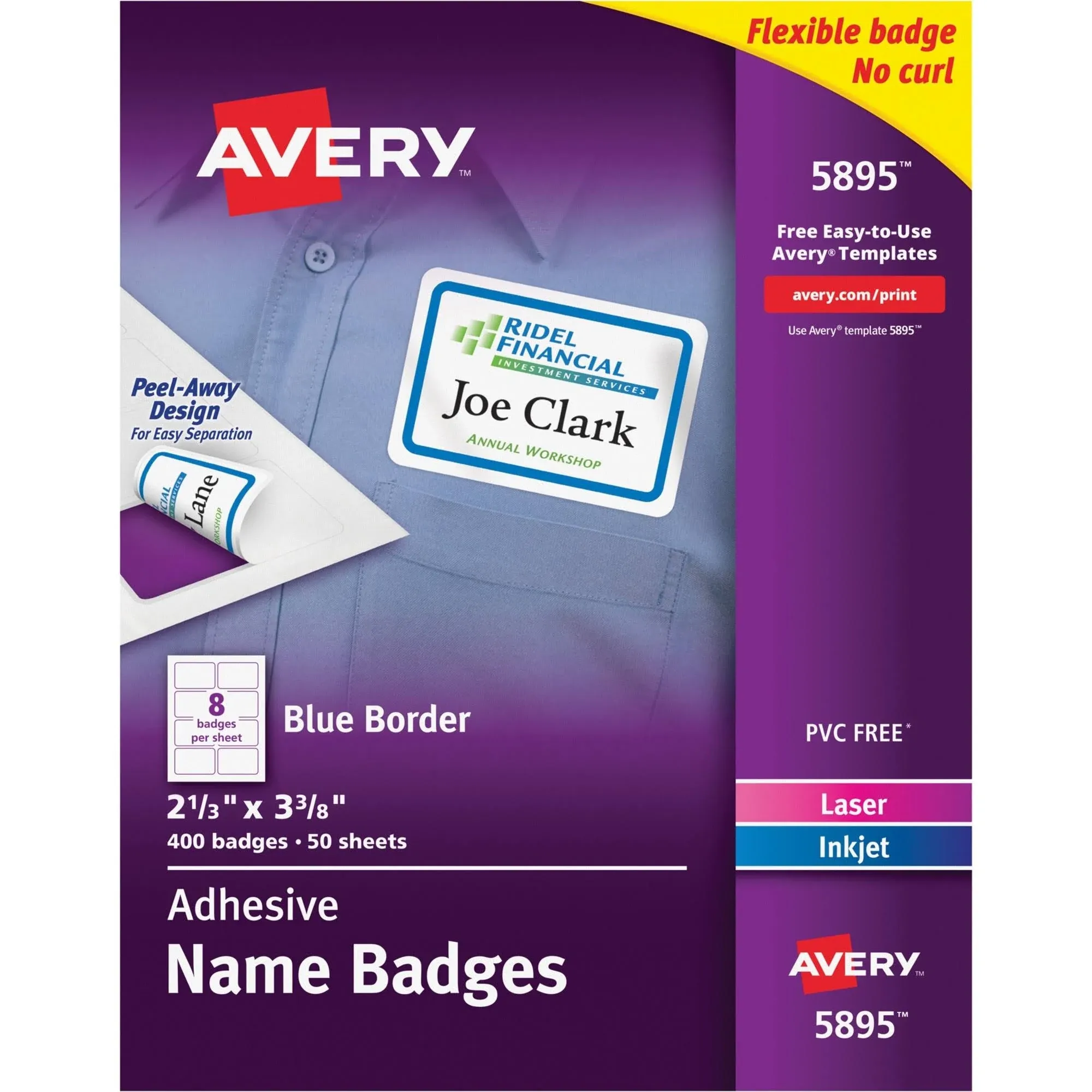 Avery Flexible Name Badge Labels, 2.33 x 3.38 in., Blue/White, 400 Count