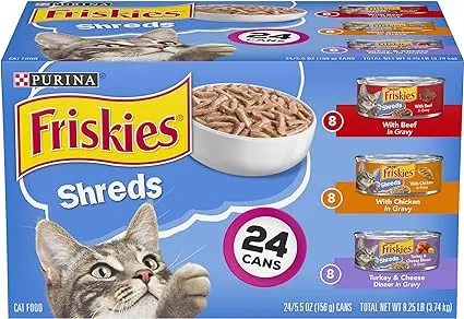 (24 Pack)  Friskies Gravy Wet Cat Food Variety Pack, Shreds Beef, Chicken and Turkey & Cheese Dinner, 5.5 oz. Cans