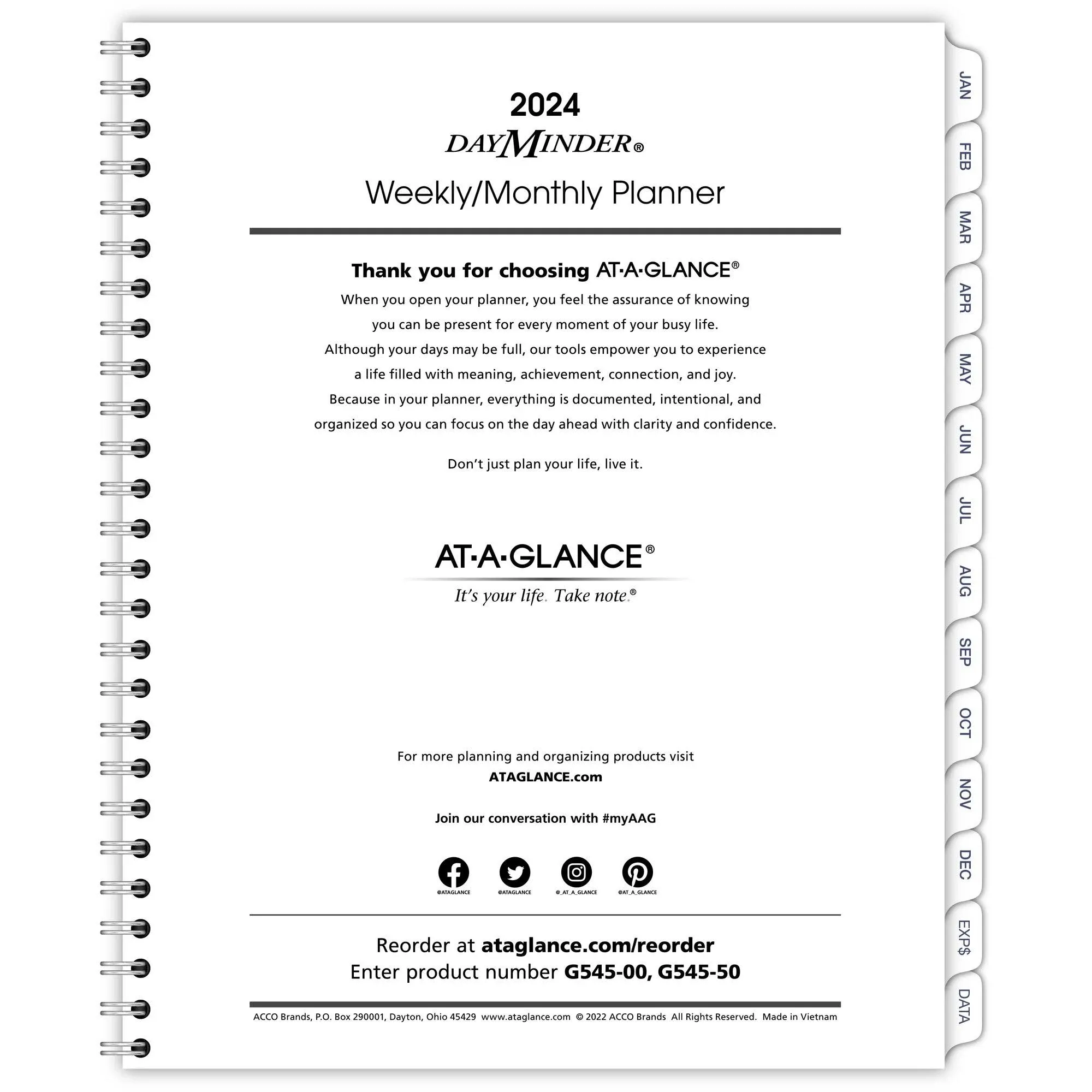 At-a-glance DayMinder Executive Weekly/Monthly Refill, 8.75 x 7, White Sheets, 12-Month (Jan to Dec): 2024