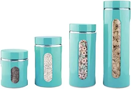 Kitchen Canisters Set For Countertop By Home Basics | Retro-Styled Canisters For Kitchen Counter | Stainless Steel and Glass, See-Through Windows (Turquoise), 4 Pieces