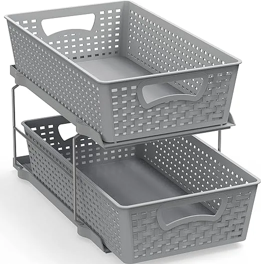 SimpleHouseware 2 Tier Bathroom Organizer Tray Pull-Out Sliding Drawer/Under-Sink Storage, Grey