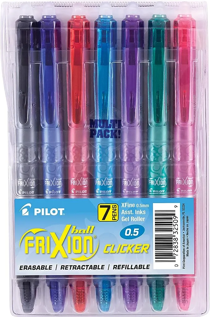 Pilot, FriXion Clicker Erasable Gel Pens, Extra Fine Point 0.5 MM, Pack of 7, Assorted Colors