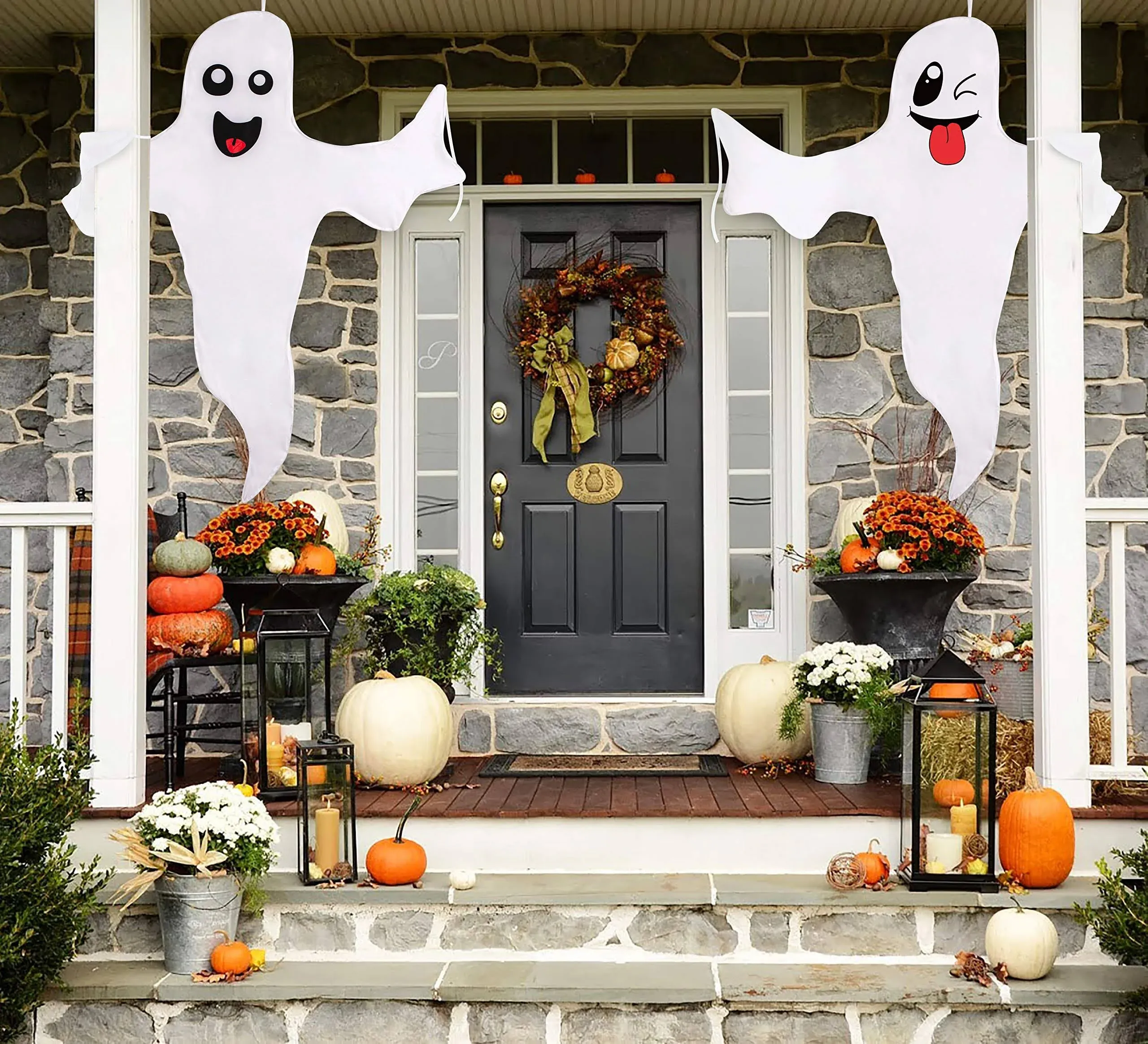 2PCS Geefuun Halloween Ghost Lighted Hanging Decoration Outdoor Decor - Hallowmas Tree Hugger Friendly Spooky Party Supplies (Batteries Not Included)