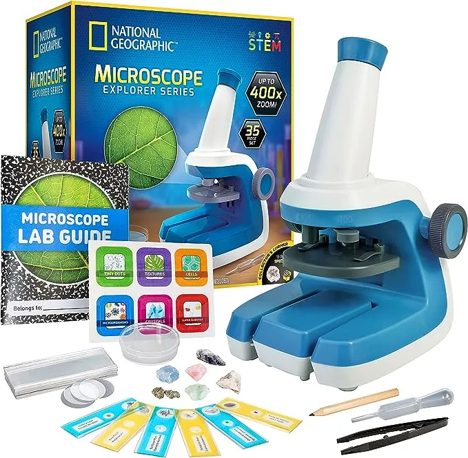 NATIONAL GEOGRAPHIC Microscope for Kids - STEM Kit with an Easy-to-Use Kids Microscope, Up to 400x Zoom, Blank and Prepared Slides, Rock and Mineral Specimens, and More, Great Science Project Set