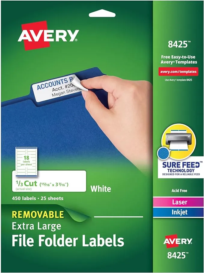 Avery Extra Large File Folder Labels, Removable Adhesive, Matte White, 15/16" x 3-7/16", 450 Labels (8425)