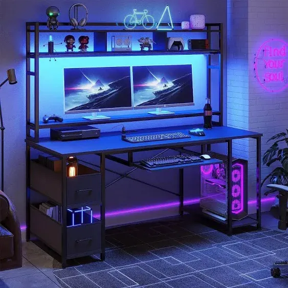 Gaming Desk with LED Lights Computer Desk with Storage Shelves &amp; Monitor Stand